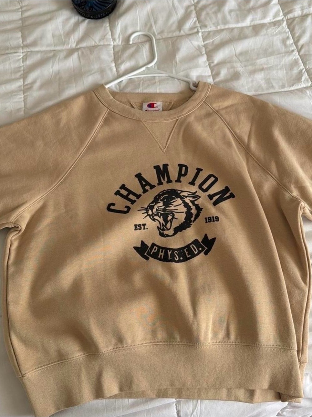 Champion Tan Crewneck Sweatshirt with Black Graphic Logo